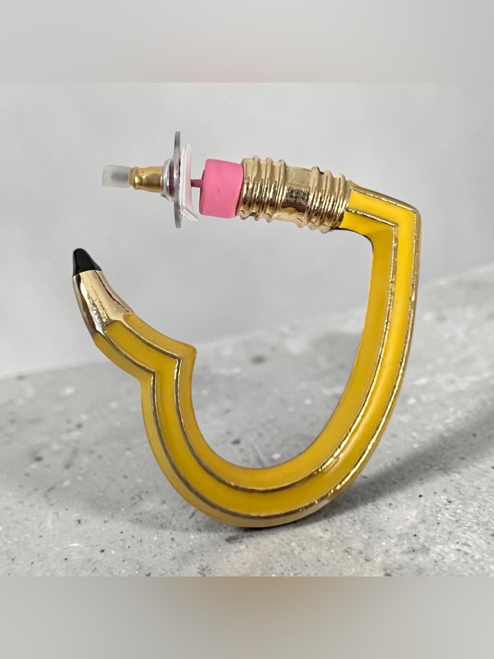 Betsey Johnson Yellow Pencil Heart Hoop Earrings with Pink Eraser - Picture 5 of 16